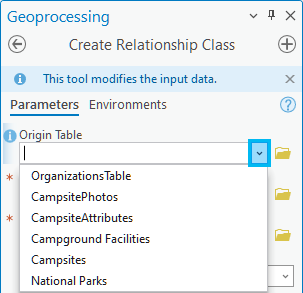 El parámetro Tabla de origen en la herramienta de geoprocesamiento Crear clase de relación