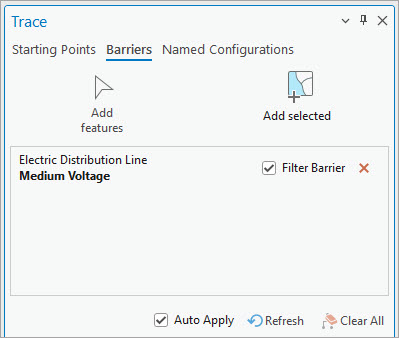 Panel Trazado que muestra una barrera de entidad designada como barrera de filtro.