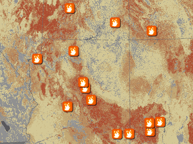Mapa del suroeste de los Estados Unidos en la que se utiliza simbología de símbolo único para representar las ubicaciones de los incendios activos