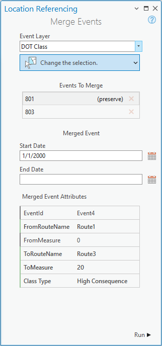 Panel Fusionar eventos después de seleccionar las entidades de eventos en la capa de eventos