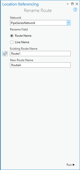Panel Cambiar nombre de ruta con una red de líneas seleccionada