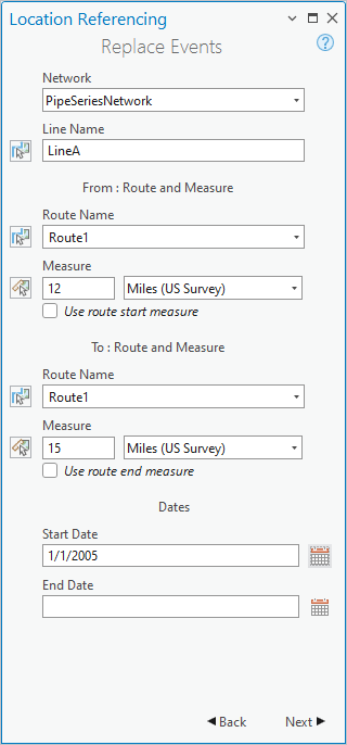 Panel Reemplazar eventos utilizando ruta y medición