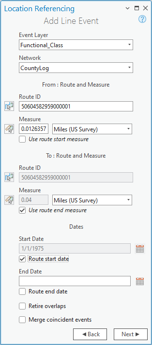 Panel Agregar evento de línea con campos de ruta y medición