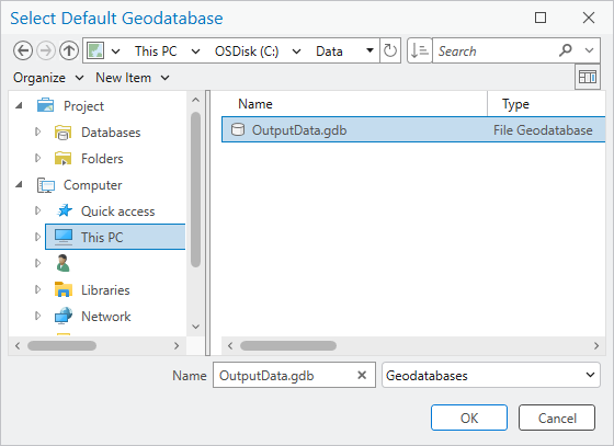 Cuadro de diálogo de exploración que muestra la geodatabase de archivos que ha cambiado de nombre