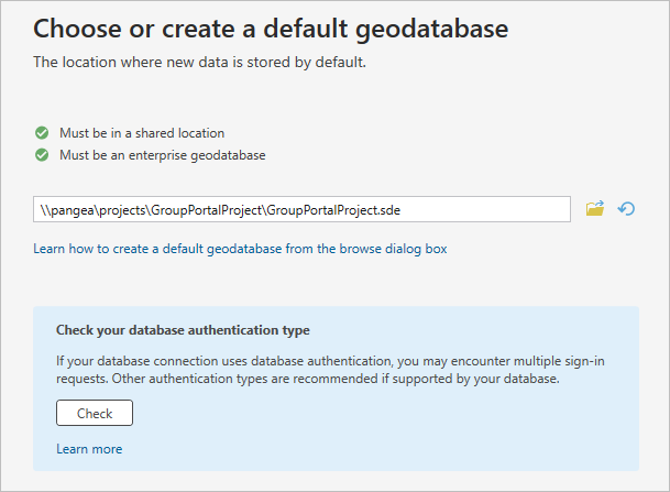 Página Geodatabase predeterminada del asistente