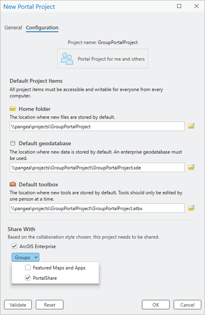 Ajustes de la pestaña Configuración del cuadro de diálogo Nuevo proyecto del portal