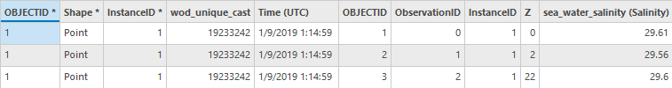 Un ejemplo de la tabla de atributos de capa de entidades de salida de la herramienta Perfiles NetCDF a clase de entidad