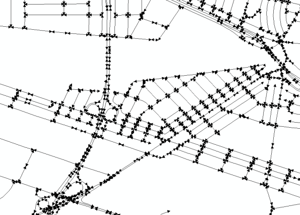 Los datos sin procesar de calles muestran extremos en todas las intersecciones y, en algunos casos, a lo largo de un segmento de calle