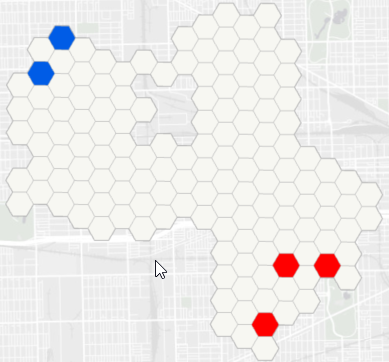 Salida del tema de visualización Valor atípico local en el período de tiempo más reciente en la herramienta Visualizar cubo de espacio-tiempo en 2D