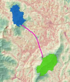 Mapa de la ruta de menor coste entre dos ubicaciones que se muestran sobre la superficie de coste