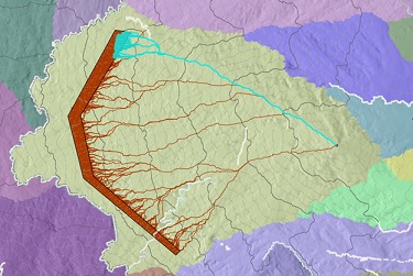 Mapa del 10 por ciento superior de las rutas de menor coste que comienzan desde el destino de polígono que muestran cómo comparten una ruta similar