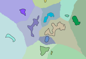 Regiones mostradas sobre la asignación de coste-distancia