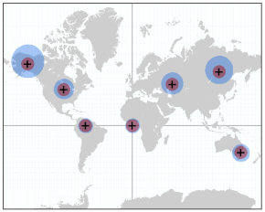 Mapamundi con zonas de influencia planares y geodésicas alrededor de ciudades seleccionadas