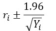 Ecuación del intervalo de confianza del 95 por ciento cuando el número de recuentos es mayor o igual a 100
