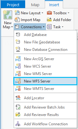 Ajoutez un serveur WFS dans l’onglet Insérer dans ArcGIS Pro