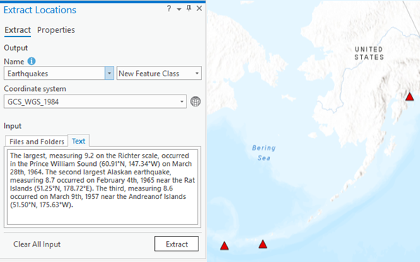 Exemple de la fenêtre Extract Locations (Extraire les emplacements) présentant un paragraphe en entrée relatif aux séismes ainsi que les coordonnées correspondantes sur une carte.