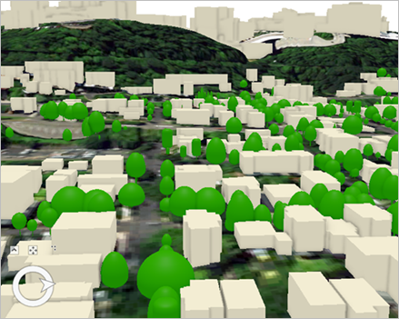 Vue des bâtiments 3D et des arbres thématiques