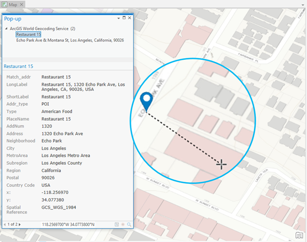 Résultat contextuel de l’outil Informations de localisation ? clic sur l’emplacement doté de croix, et épinglage de l’emplacement apparié