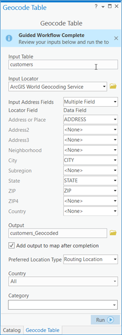 Exécution terminée de l’outil Geocode Table (Géocoder une table)