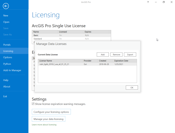 Fenêtre Gérer les licences de données illustrant le fichier de licence StreetMap Premium (*.sdlic)