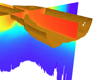 Couche de voxel de l’unité marine écologique représentant la section croisée de la température et d’une isosurface à 25 degrés Celsius