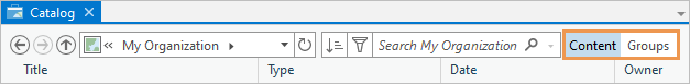 Boutons Content (Contenu) et Groups (Groupes) affichés en regard de la zone de recherche dans la vue du catalogue