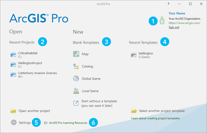 Page de démarrage d'ArcGIS Pro