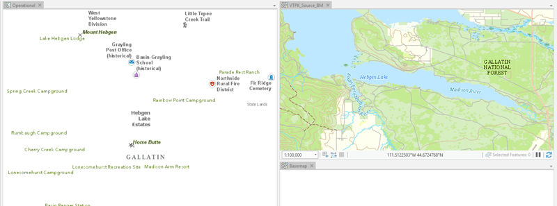 Le projet s’ouvre avec trois cartes : Operational (Opérationnel), VTPK_Source_BM et Basemap (Fond de carte).