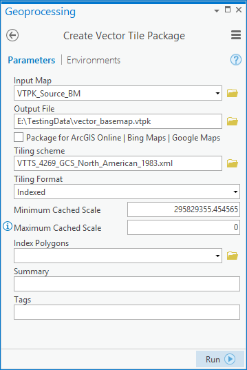 Les paramètres Output File (Fichier en sortie), Tiling scheme (Structure de tuile) et Maximum Cached Scale (Échelle en cache maximale) ont été modifiés.