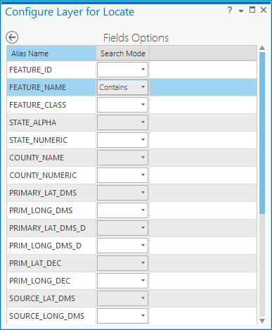 Le localisateur de la couche a été configuré avec FEATURE_NAME pour utiliser le mode de recherche Contains (Contient).