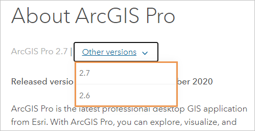 Option déroulante permettant de changer de version sur une page de l’aide ArcGIS Pro