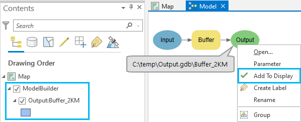Commande Ajouter à l’affichage dans une fenêtre de modèle et un groupe de couches en sortie dans la fenêtre Contents (Contenu)