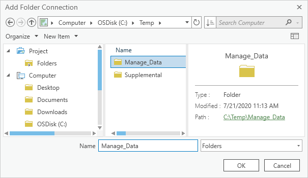 Dossier Manage_Data sélectionné dans la boîte de dialogue de navigation