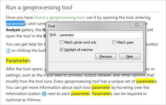 Boîte de dialogue Find (Rechercher) dans la visionneuse d’aide ArcGIS Pro