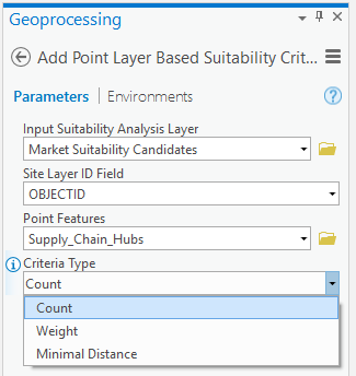 Fenêtre Add Point Layer Based Suitability Criteria (Ajouter des critères d’adéquation basés sur la couche de points)