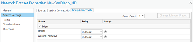 L’onglet Group Connectivity (Connectivité de groupe) dans les propriétés du jeu de données réseau.