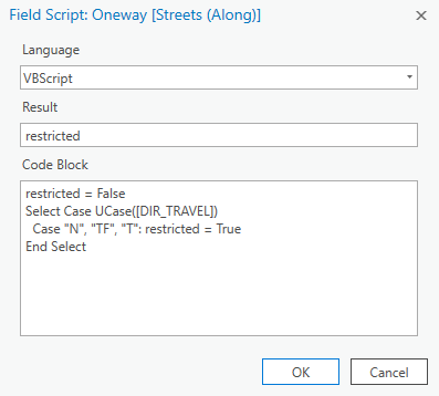 La boîte de dialogue Script de champ : Oneway montrant le script de la restriction à sens unique correspondant au sens avant (Along)