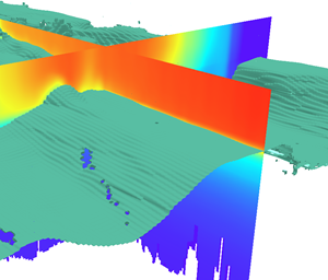 Couche de voxel de l’unité marine écologique représentant la section croisée de la température et d’une isosurface de la saturation fractionnée en oxygène à une valeur de 70