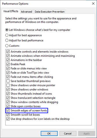 Propriétés de lissage des polices de la boîte de dialogue Options de performances de Windows