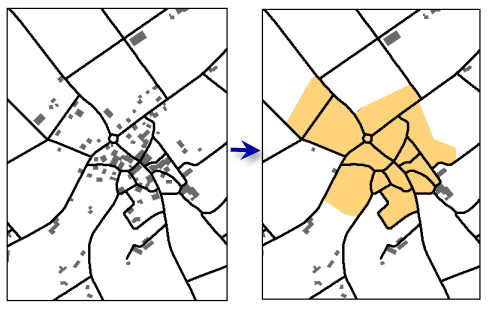 L'outil Délimiter des zones bâties crée des polygones qui représentent la distribution d'entités de bâtiment en entrée