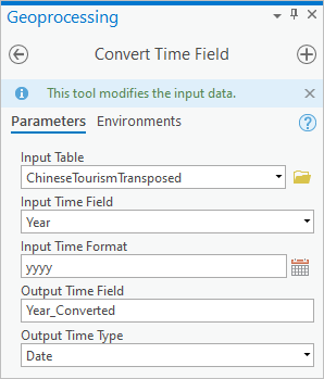 Paramètres Convert Time Field (Convertir un champ temporel)