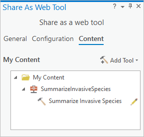 Onglet Content (Contenu) dans la fenêtre Share As Web Tool (Partager en tant qu’outil web)