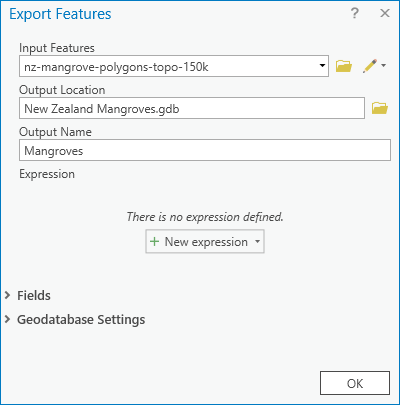 Fenêtre Export Features (Exporter des entités)