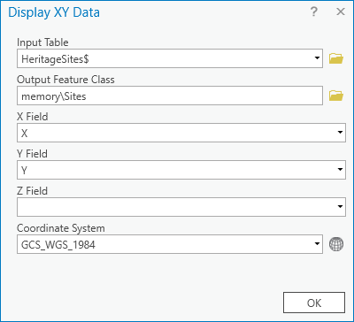 Paramètres Display XY Data (Afficher des données XY)