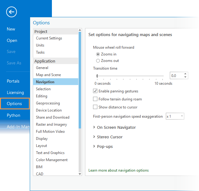 Boîte de dialogue Options pour la navigation