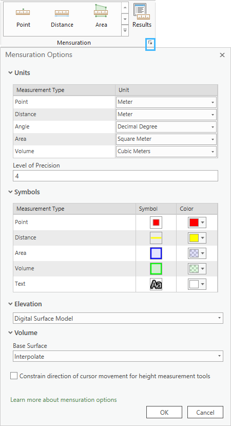 Define a DEM to refine measurements using the options button in the Mensuration group