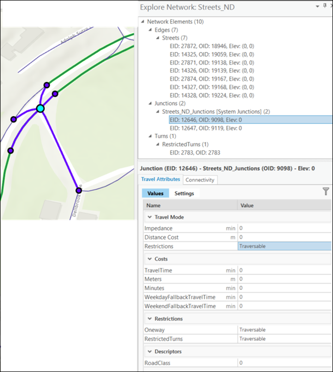 Fenêtre Explore Network (Explorer le réseau) affichant les attributs des éléments identifiés