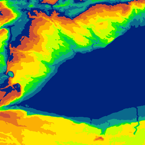 Espace entre les isolignes rempli avec la valeur d'altitude quantifiée et affiché avec un dégradé de couleurs