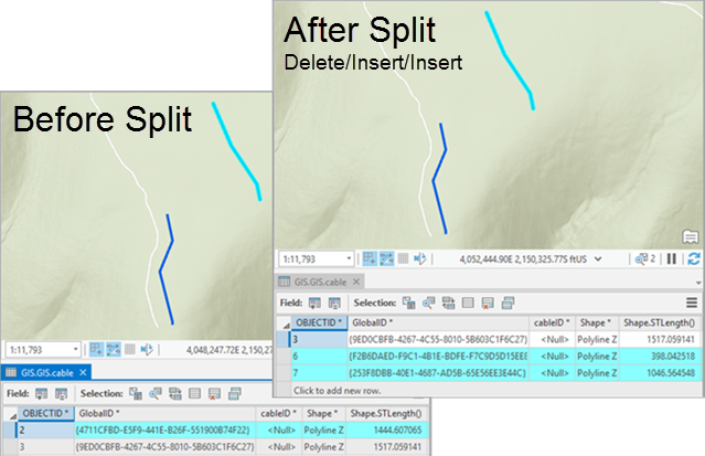 Avant et après une mise à jour utilisant le modèle de fractionnement Delete/Insert/Insert (Supprimer/Insérer/Insérer).