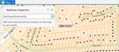 Fenêtre superposée de l’outil Inspecteur d’adresses ouverte dans la vue cartographique